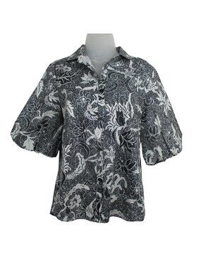 Patty Kim Black White Floral Button Down Puff Sleeve Top Cotton Size S $207